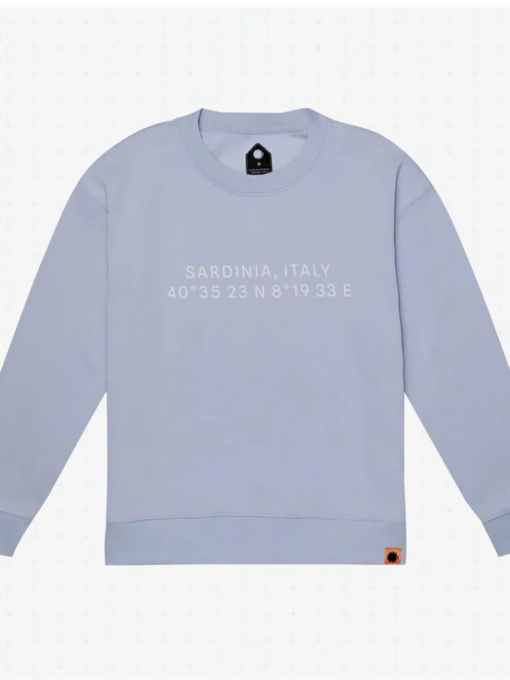 Forcast Light Blue Crewneck Sweater with Sardinia, Italy Print. Litorale Crew.